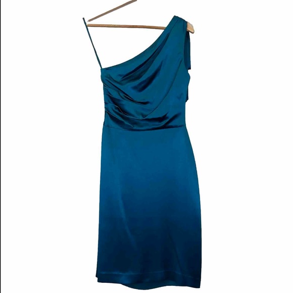 BADGLEY MISCHKA dress silk formal one shoulder SC0096 Grecian mini teal green 2 - Picture 5 of 13